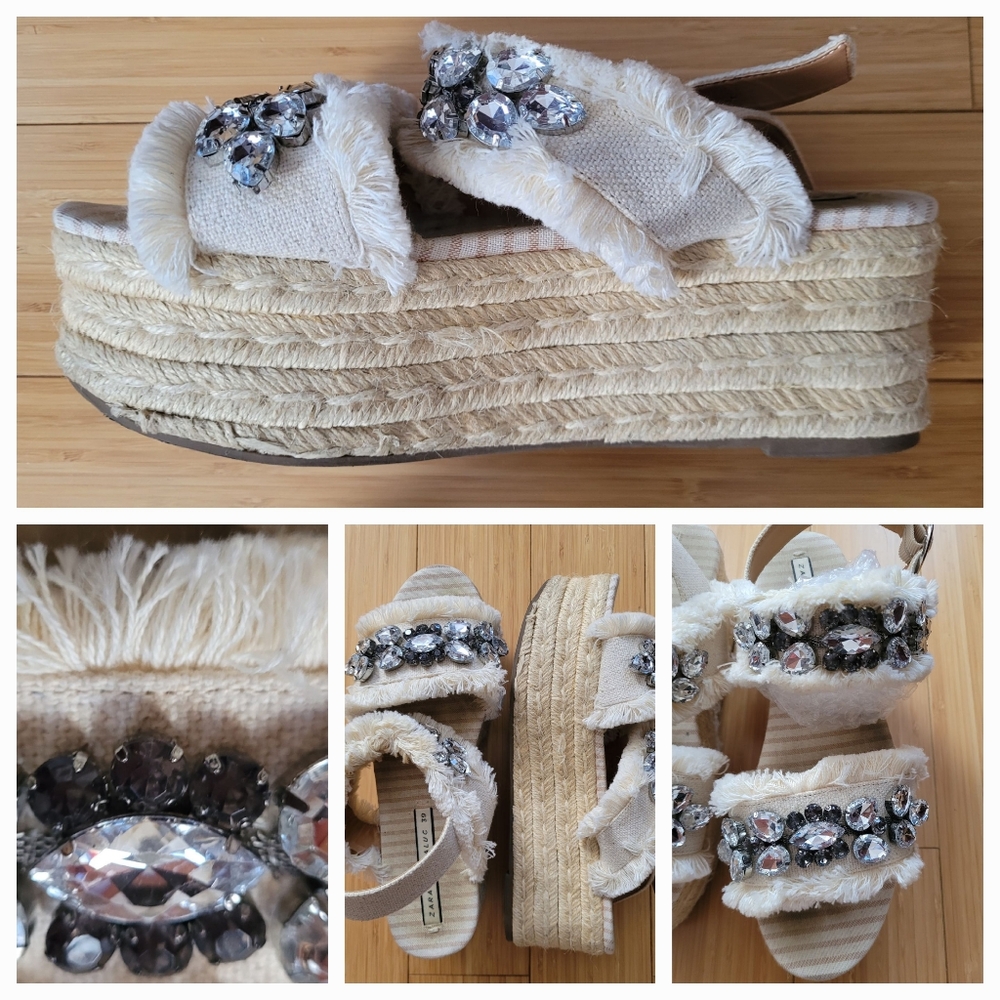 Zara Women's Cream Platform Sandals with Crystal Embellishments - Picture 4 of 5